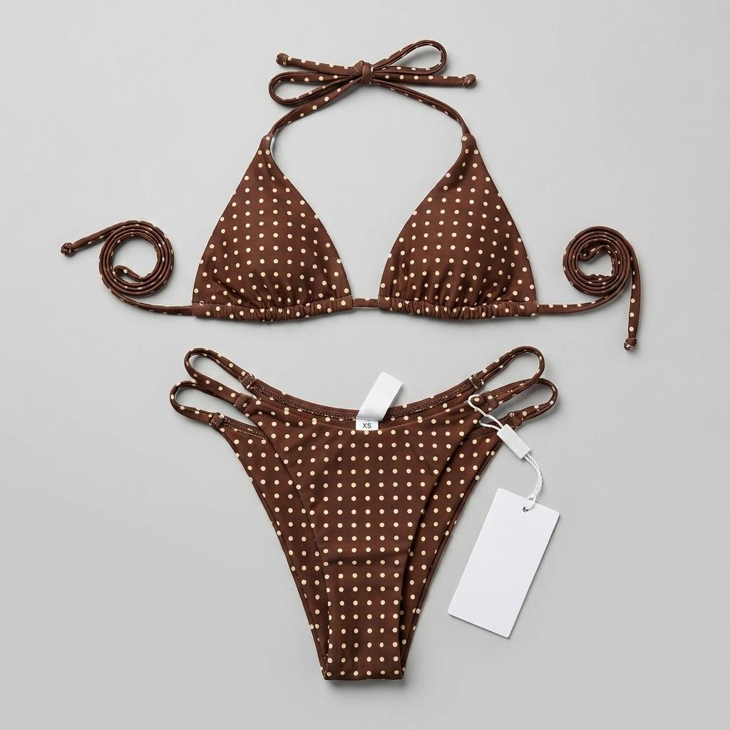 Women's Triangle String Bikini Sets Two Piece Halter Swimsuits Tie Lace Trim Cheeky Bathing Suits Swimwear, XS