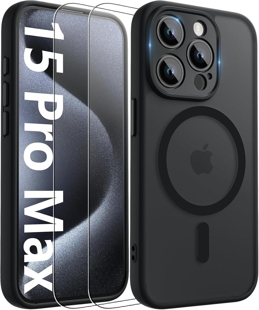 Innaght Magnetic for iPhone 15 Pro Max Case[Compatible with MagSafe][Camera Protection][2+Full Coverage Tempered Glass Screen Protector][Translucent Matte] Drop Protection Phone Case,6.7",Black