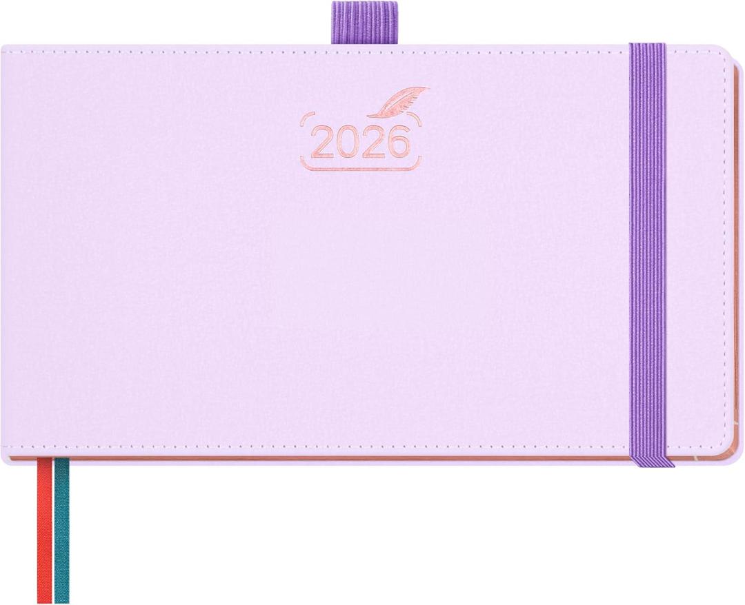 BEZEND Pocket Calendar 2026 Weekly and Monthly (6.5" x 3.75") Horizontal Planner with Vertical Hourly Timeslots, Bookmarks & Inner Pocket, Vegan Leather Hardcover - Lilac