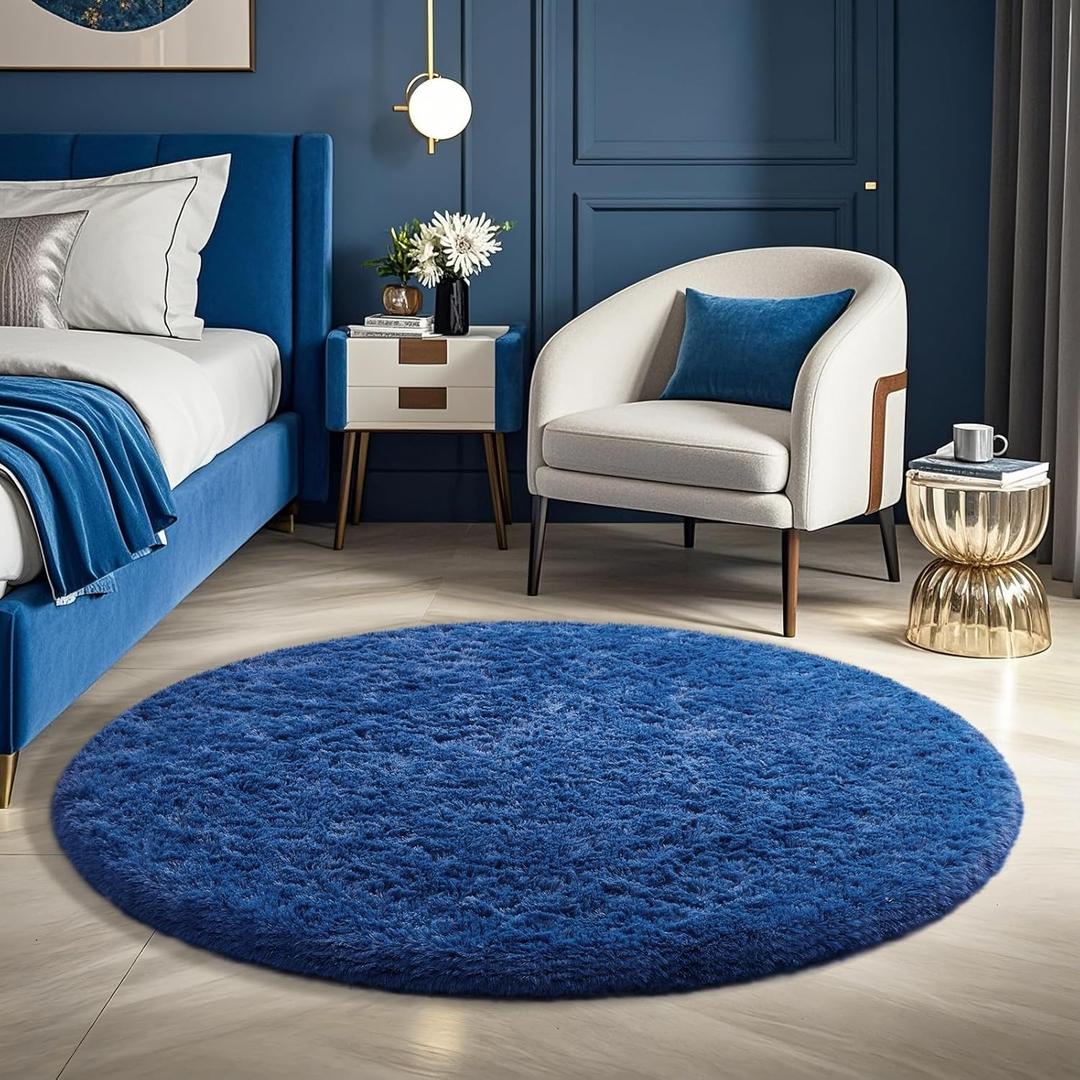 Ophanie Round Rug 4Ft Blue Circle Area Rug, Boys Room Decor, Fluffy Fuzzy Bedroom Carpet, Plush Soft Shaggy Living Room Rugs for Kids Home Decor Aesthetic, Nursery