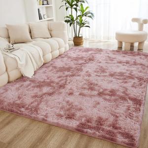 Litanika 8x10 Shag Area Rug for Living Room Bedroom, Tie-Dyed Dusty Pink High Pile Soft Plush Shaggy Furry Bedside Playroom Dorm Carpet, Non-Slip, Non-Shedding Modern Indoor Floor Rug