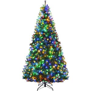Goplus 8FT Pre-Lit Artificial Christmas Tree Auto-Spread/Close up Branches 11 Flash Modes with Multicolored 750 LED Lights & Metal Stand