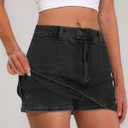 IWD Denim Mini Skirt for Women Low Waisted Jean Micro Skort with Shorts Stretch Casual Jean Skirt (Black, S)
