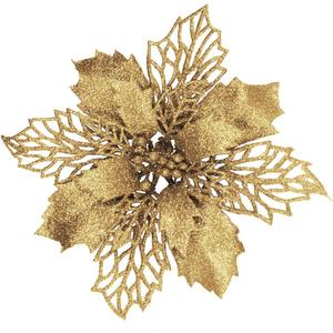 24 Pcs Christmas Gold Glittered Mesh Holly Leaf Artificial Poinsettia Flowers Picks Tree Ornaments 5.9" W for Gold Christmas Tree Wreath Garland Floral Gift Winter Wedding Holiday Decoration