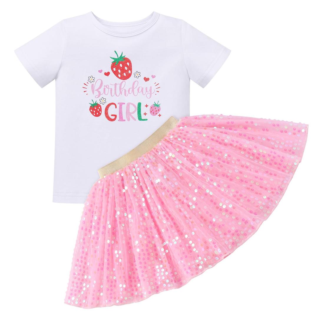 IBTOM CASTLE Birthday Girl Strawberry Sequin Skirt Outfit Pink 4-5Y