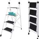 OLIXIS 4 Step Ladder, 330lbs Capacity Foldable Step Stool with Anti-Slip Pedal, Sturdy Steel Ladder & Comfortable Handrail, Protable Heavy Duty Step Stool for Kitchen, Garage, Outdoor Use - Black