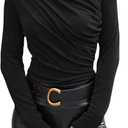 SweatyRocks Women's Mock Neck Ruched T Shirt Long Sleeve Casual Basic Top (X-Large, Black)