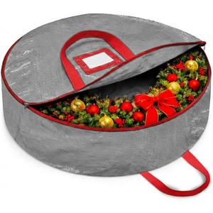 ZOBER Christmas Wreath Storage Container 30 Inch - Wreath Bag for Artificial Wreaths Box - Dual Zippered Wreaths Storage Bag with Strong Durable Handles - Gray