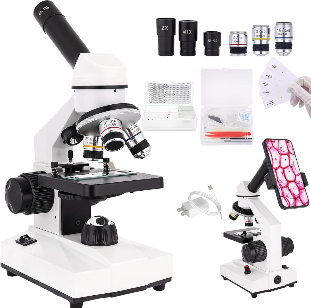 Compound Microscope, 2000x Magnification, with Smartphone Adapter, Slide Set, Dual LED Illumination System, Adult Microscope, Suitable for Beginners and Laboratory use (Monocular Microscope)