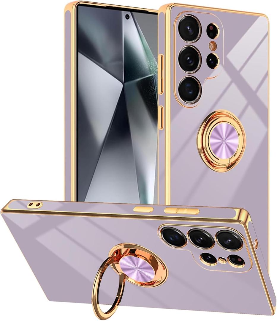 Designed for Samsung Galaxy S25 Ultra Case with Ring Stand, Support Magnetic Car Mount Rotatable Finger Holder Soft TPU Cover Plating Edge Protective Slim Phone Case for Galaxy S25 Ultra Purple