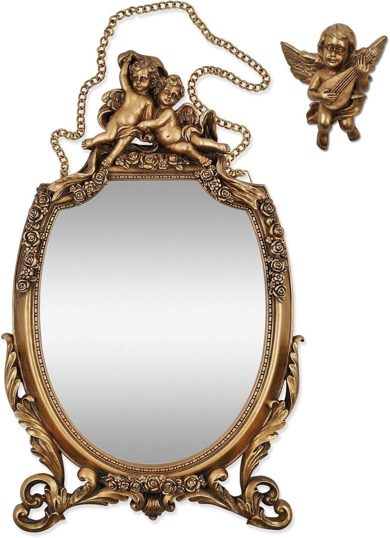 SIMON'S SHOP Vintage Mirrors for Wall, Baroque Style Gold Hanging Mirror with Cherub and Floral Ornaments, 17 x10 inches Decorative Framed Mirror