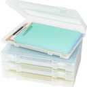 Denkee Large Paper Storage Box, 4 Pack Plastic Scrapbook Paper Storage Organizer with Handle for A4, 8.5 x 11 US Letter, Portable File Document Case, Board Game Storage (White)