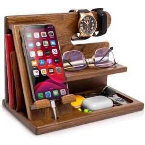 TESLYAR Wood Phone Docking Station Ash Key Holder Wallet Stand Watch Organizer Men Husband Wife Anniversary Dad Birthday Nightstand Purse Father Graduation Male Idea Gadgets (Beige)