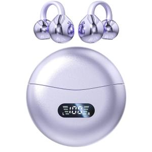 Open Ear Clip Wireless Headphones, Bluetooth 5.4 Earbuds with LED Display Charging Case – Lightweight and Comfortable for Fitness, Running, Cycling, and Gym Workouts (Purple)