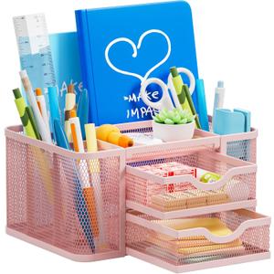 Marbrasse Mesh Desk Organizer, Pen Organizer with 2 Drawer, Multi-Functional Pencil Holder, Desk Organizers and Accessories with 5 Compartments + Drawer for Office Art Supplies (Pink)