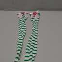 Voiiake Green and White Striped Socks for Strawberry Themed Costume Women, Nylon Over the Knee High Stockings with Pink Bow & Strawberry Accent for Cosplay, Halloween Costumes or Lolita Fashion