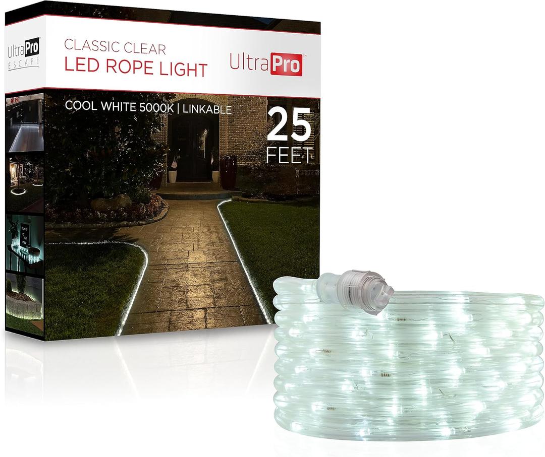 UltraPro LED Rope Lights, 25ft Classic Clear Rope, Cool White Light 5000K, Indoor/Outdoor, Flexible, Linkable, Durable, Rope Lights Outdoor, 54843