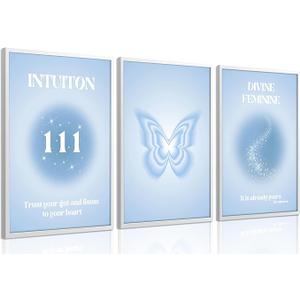 3 pcs Blue Gradient Aura Canvas Wall Art Trendy Angel Numbers Butterfly Spiritual Grainy Gradient Wall Decor Pictures Preppy Aesthetic Posters Prints for Girls' Room Bedroom Dorm Decoration