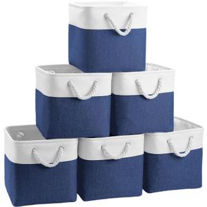 Cube Storage Baskets, 6 Pack 11x11 inch with Cotton Handles for Closet, Shelves, Clothes, Towel (White/Navy Blue)