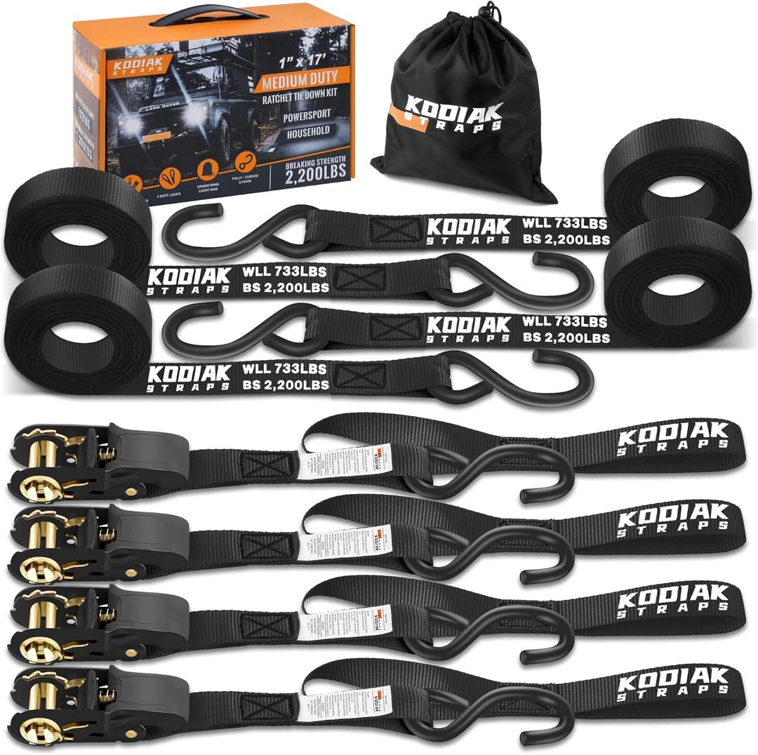 KODIAK STRAPS Ratchet Straps Heavy Duty Tie Down Strap Set 2200 Break Strength  1" x 17' 4pk with Soft Loops Cargo Truck Bed Tie Downs  Coated Deep S-Hook & Carry Bag for Securing Cargo Black