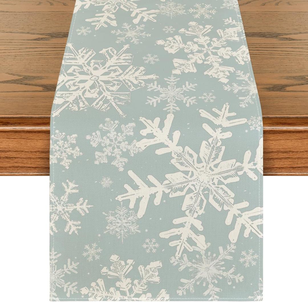 Artoid Mode Aqua Snowflakes Christmas Table Runner, Seasonal Winter Holiday Kitchen Dining Table Decoration for Home Party Decor 13x90 Inch