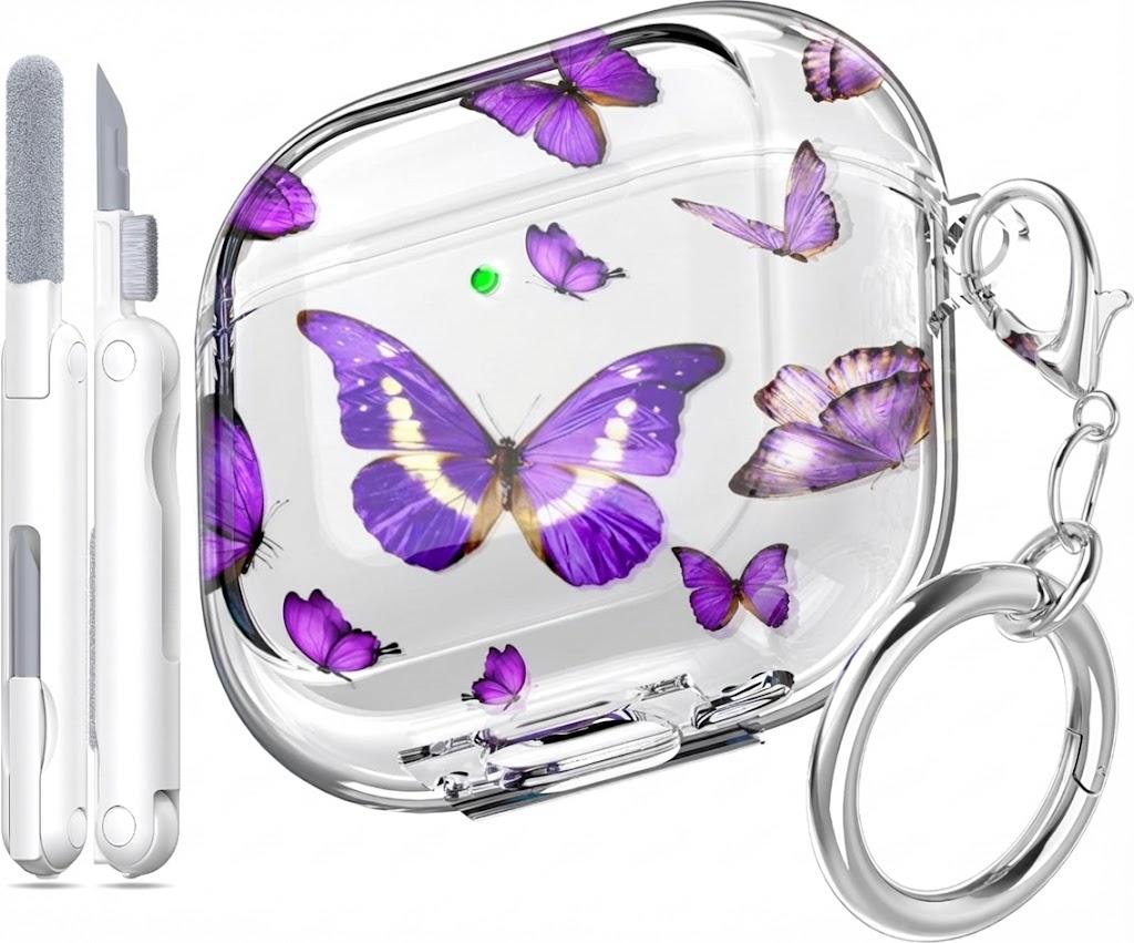 AirPods 4 Case, Clear AirPod 4th Generation Case Protective Soft Cute AirPod 4 Cover for Women Girly with Keychain for AirPods 4 Gen Cover 2024, Purple Butterfly