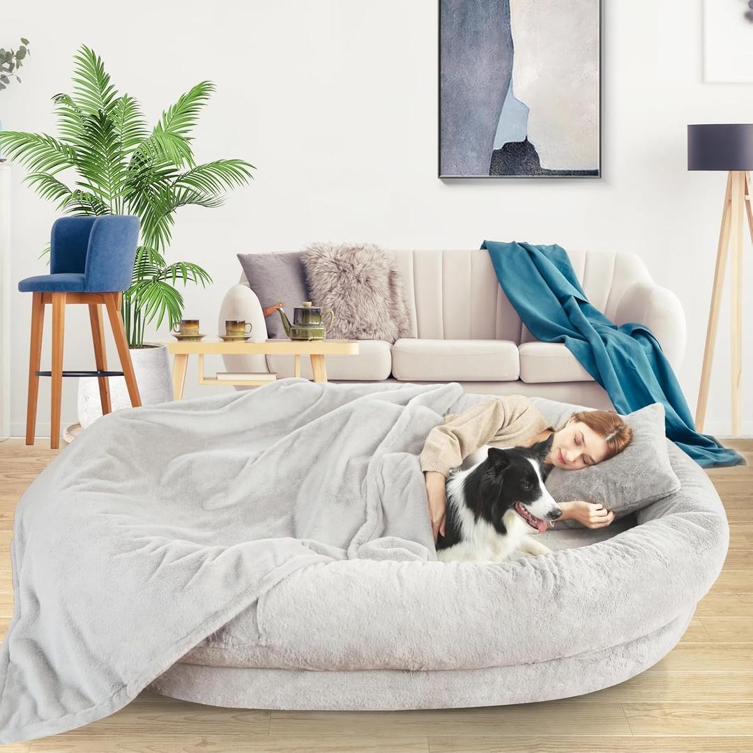 Fvkind Human Dog Bed for Adults, 73"x56"x12" Washable Orthopedic Size, Faux Fur Removable, Cozy Large Present with Blanket and Pillow, Grey