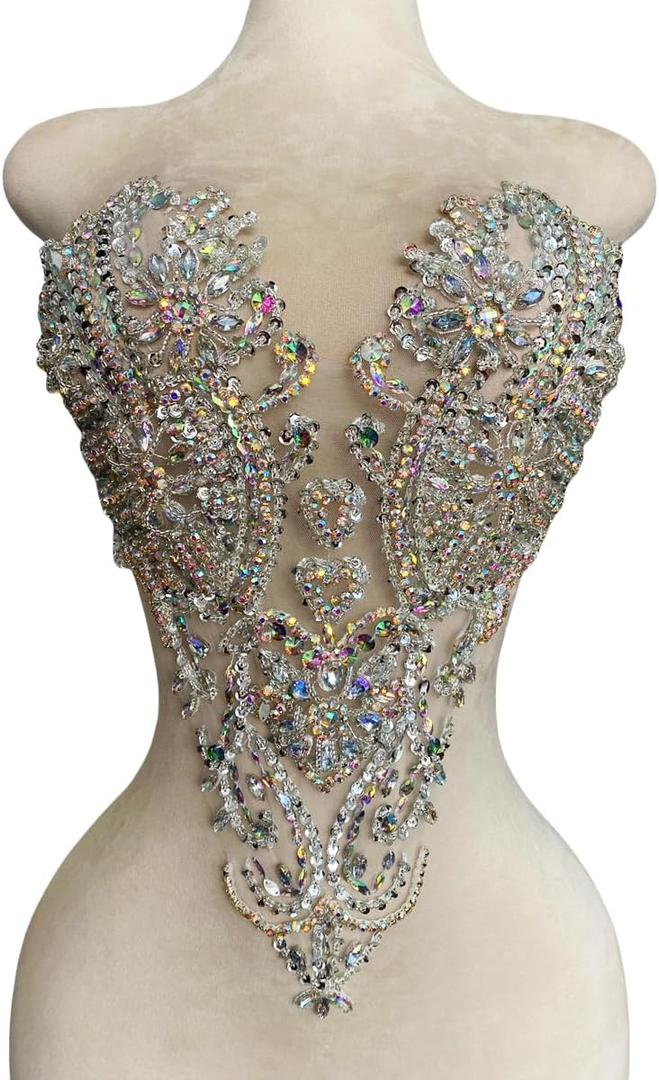 Zbroh Handmade Bodice Rhinestones Applique Sewing Glass Beads Stones Crystal Trim Lace Patches for Dress Clothing Accessories 13X18inches (Clear AB)