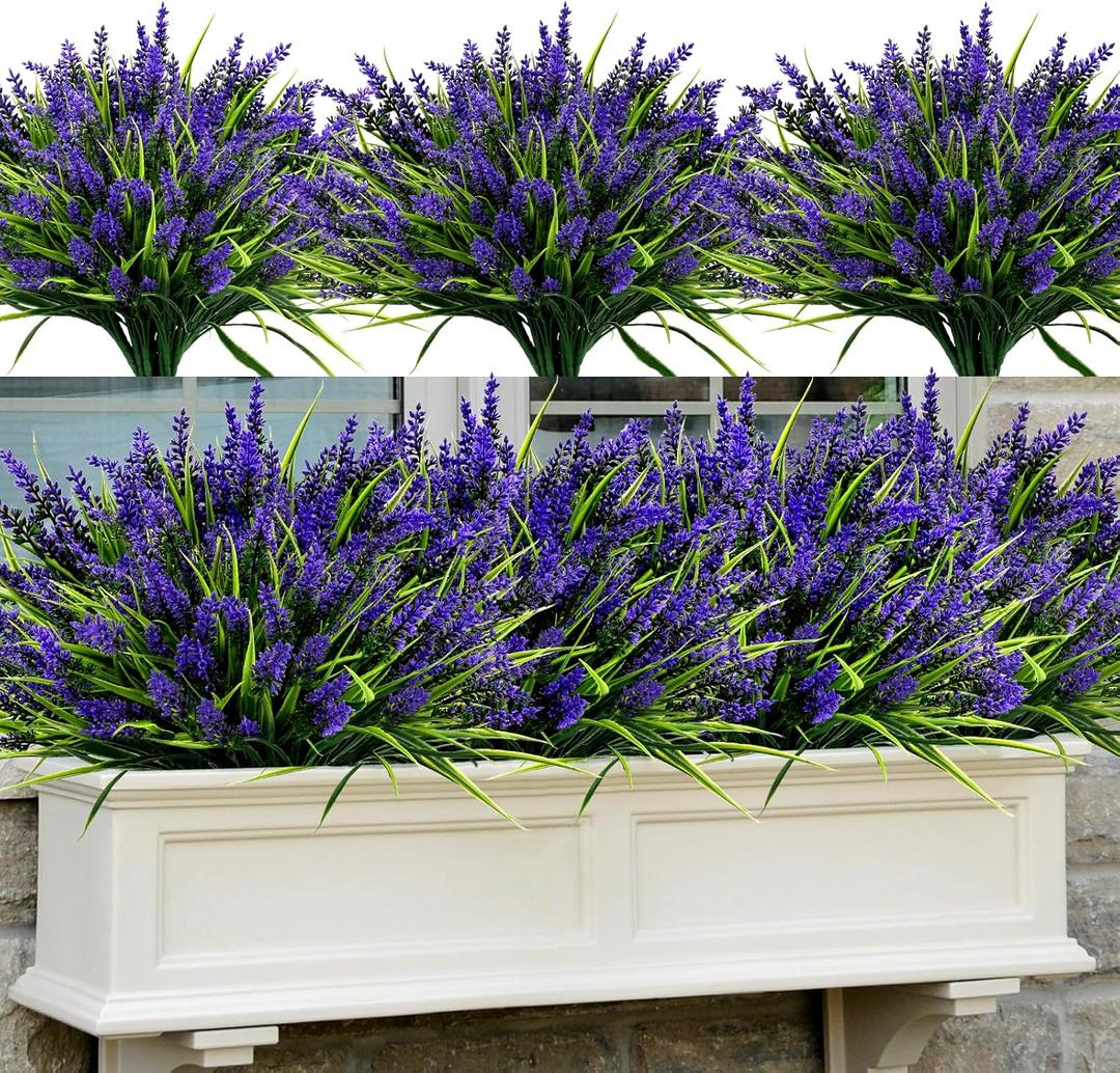 Geegoods 48 Bundles Artificial Plants Flowers Outdoor  Faux Lavender Flowers with Monkey Grass UV Resistant Plastic Faux Plants for Garden Porch Window Patio Hanging Planter Home Decor (Purple)