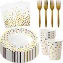 160 Pcs White and Gold Paper Plates, Forks and Cups Party Supplies, Disposable Paper Dessert Cake Plates Tableware Supplies for Birthdays, Graduations, Weddings, Holidays (Serves 40)(7 inches)