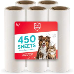 IRIS USA Extra Sticky Lint Rollers, 5 Pack of Large Refills Only - No Handle/Cover Included - 90 Sheets/Roll, 450 Sheets Total, For Dog Cat Pet Hair On Clothes, Couch, Bed, Floor, Car, Stairs, Curtain