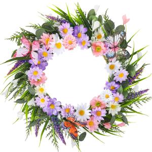 20 Inch Spring Summer Wreath for Front Door, Artificial Daisy Wreath Included Daisy Lavender Silk Flower Butterflies for All Season Porch Wall Window Decor Wedding Festival Celebration