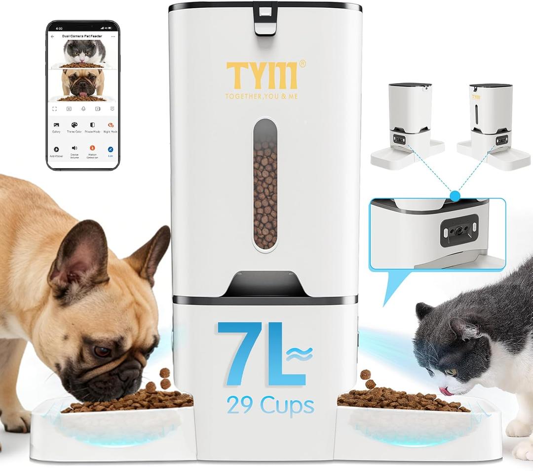 TYM Automatic Cat Feeder with 2 Camera for 2 Cats, 7L Dog Food Dispenser with Night Vision 2K 4MP, 5G WiFi Dual Auto Cat Feeder with Smart App for Multiple Cats & Small Dogs, Detachable for Clean