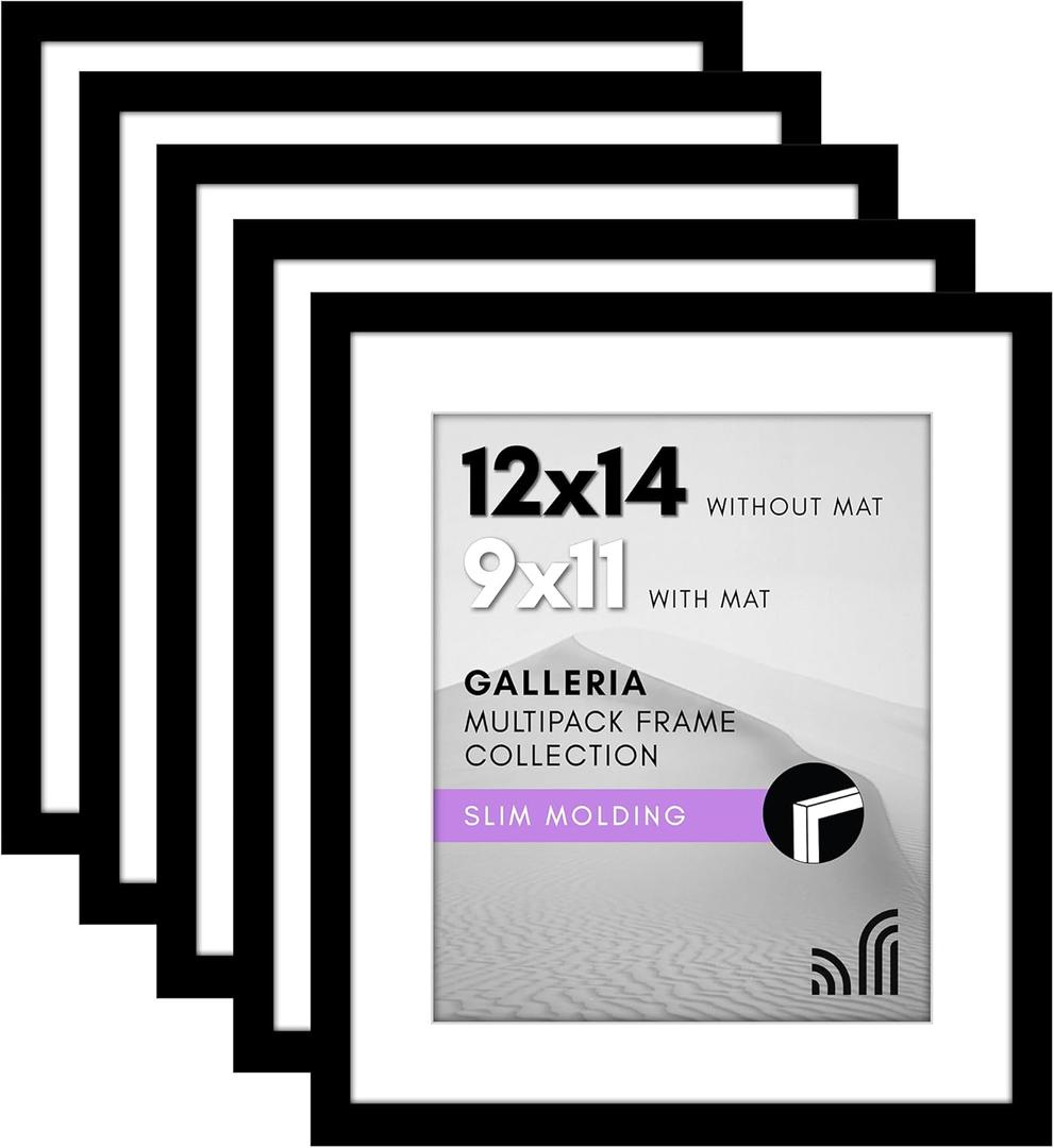 Americanflat 12x14 Picture Frame with Polished Plexiglass - Set of 5 - Use as 9x11 Frame with Mat or Display 12x14 Photo Without Mat - Galleria Collection - Picture Frames for Wall Display - Black