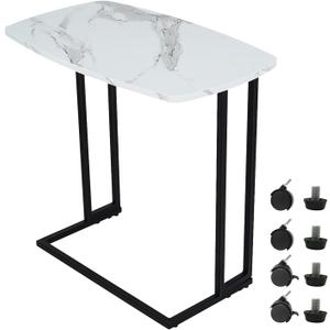 C Shaped End Table, Small Side Table for Couch, TV Tray Table with Detachable Wheels and Metal Frame, White Marble Texture Sofa Table, for Living Room, Bedroom, Bedside, White (Medium, Lg White)