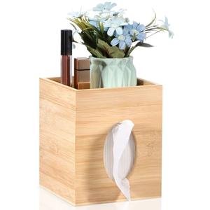 Tissue Box Cover, Bamboo Tissue Box Cover with Storage Tray Square Tissue Box Covers Holder for Bathroom, Bedroom, Dinner Table, Office, Tabletop 6" x 6" x 7.4"