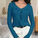 Women's Long Sleeve Shirts Dressy Casual V Neck Ruffle Knit Tunic Tops 2025 Fall Trendy Work Blouse (S)
