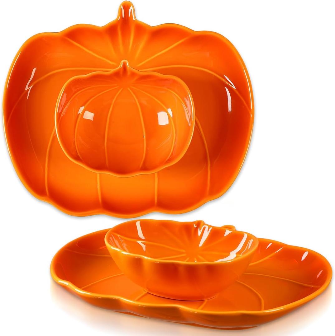 Tioncy 4 Pcs 9 Inch Pumpkin Shaped Plates and 5 Inch Fall Ceramic Bowls Set Thanksgiving Ceramic Pumpkin Tableware Fall Harvest Table Decoration for Thanksgiving Halloween Autumn Kitchen Party