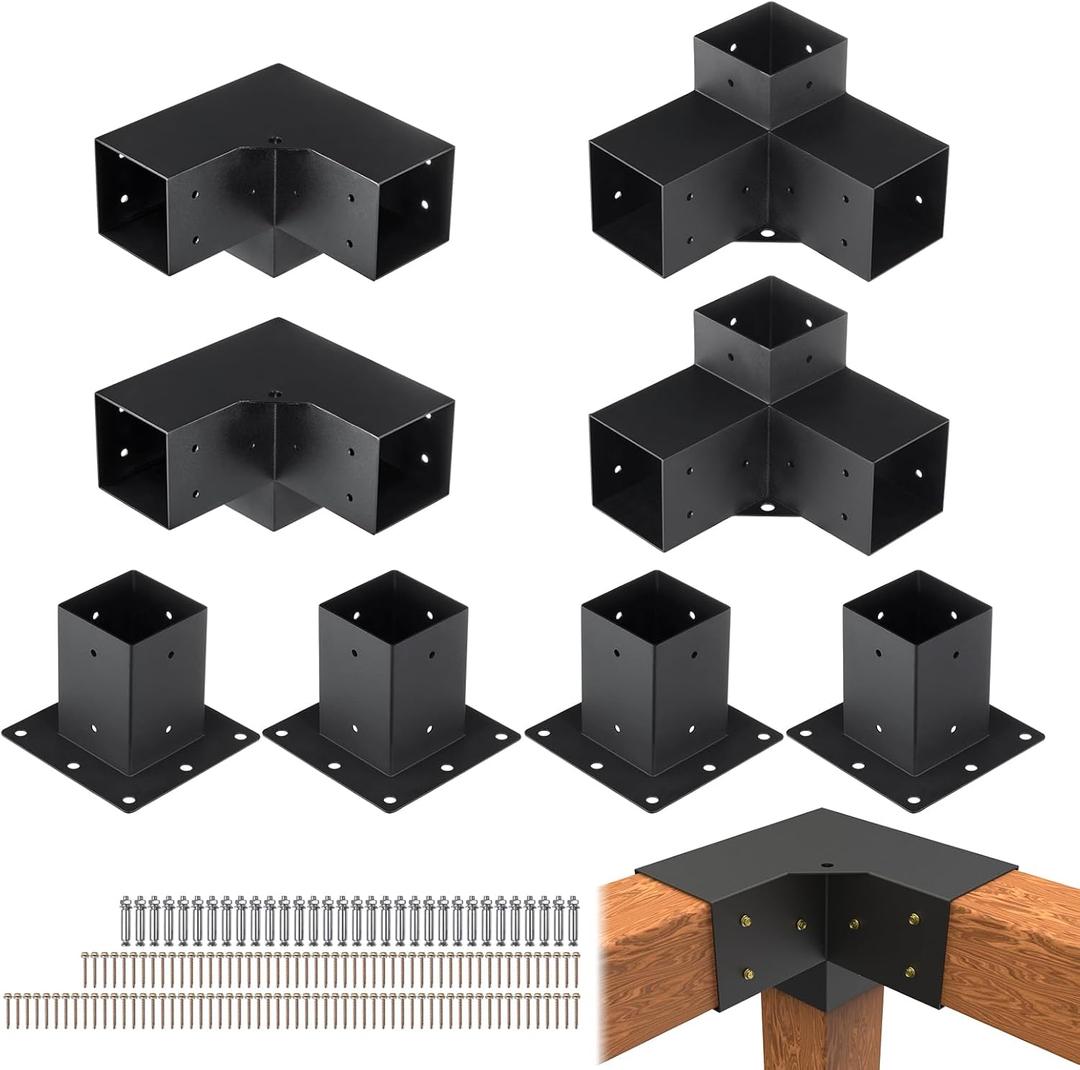 VEVOR Pergola Bracket Kit 4''x4''(Inner 3.6x3.6), 8pcs (4pcs 3-Way,4pcs Base) Corner Bracket Woodworks DIY Post Base Kit, Easy Installation Wooden Beams for Gazebos, Patio Pergolas, Log Cabin Outdoor