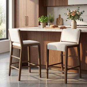 Christopher Knight Home Mono 26.5" Counter Height Bar Stools Set of 2, Fabric Upholstered Bar Stools with Footrest, Rubberwood Counter Stools, Modern Armless Kitchen Chairs, Walnut+White, Medium