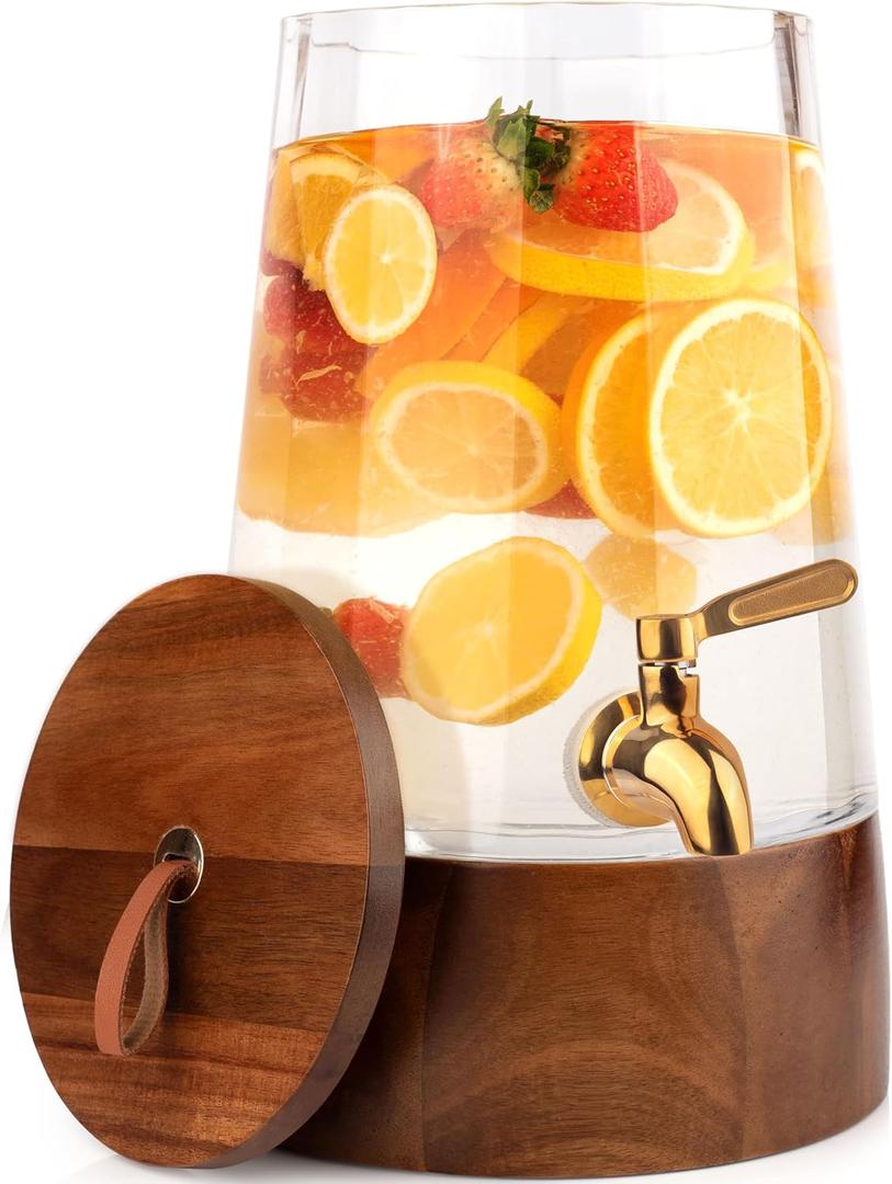 FOODLE Glass Drink Dispenser with Spigot - Glass Beverage Dispenser with Stand - Perfect for Parties & Everyday Use - Pitcher for Water, Lemonade, Sangria, Punch & Juice - Leakproof Spout - 1 Gallon
