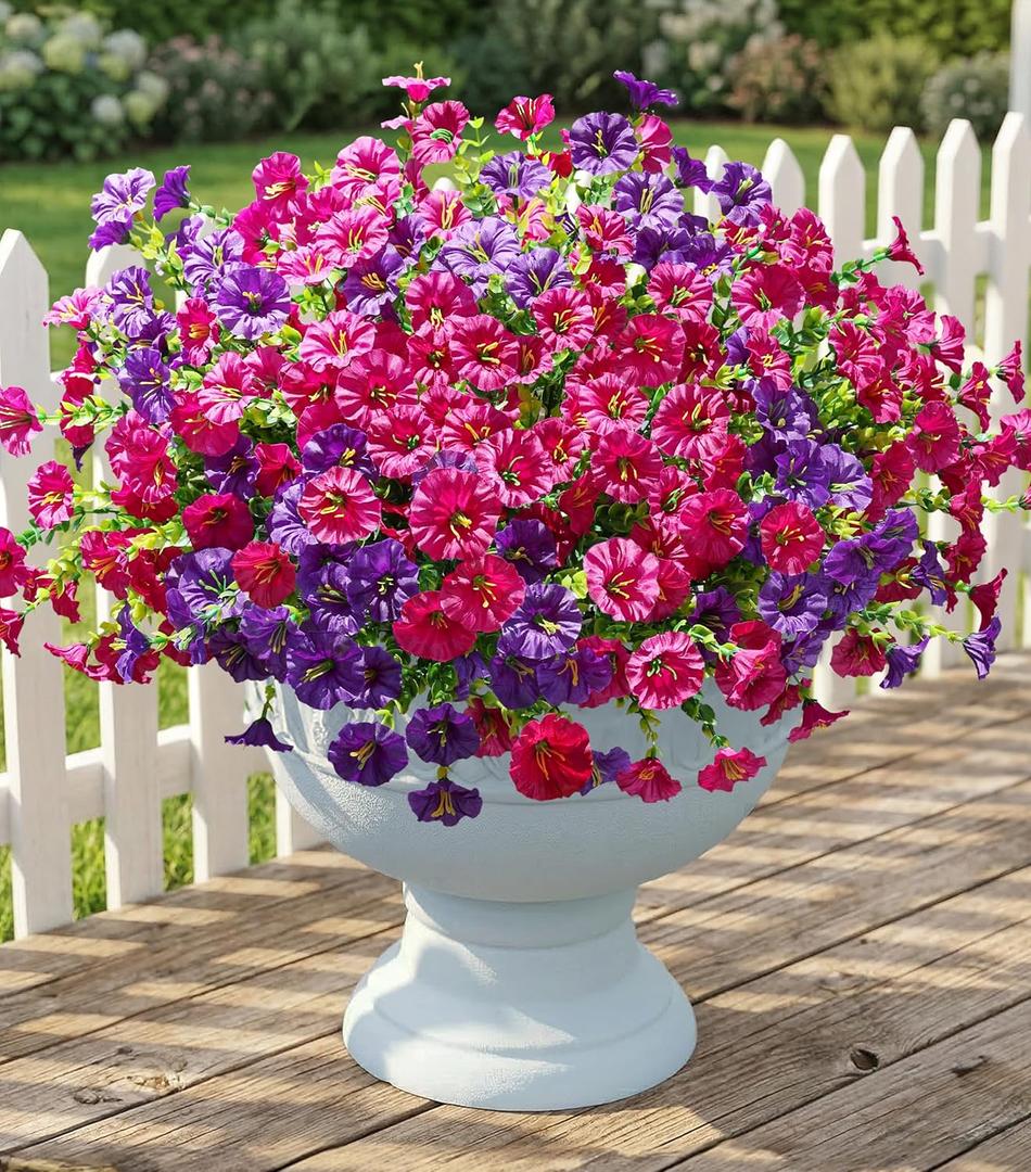 Artificial Flowers Fake Plants for Outdoors Decoration, 12 Bundles Silk Morning Glory with Eucalyptus Realistic UV Resistant Faux Flowers for Outside Planter Porch Yard Patio Garden Home Indoor, Mix