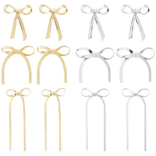 Rionaty 6 Pairs Ribbon Bow Stud Earrings - Cute Gold & Silver Bow Statement Earrings for Wedding, Prom, Valentine's, Birthday - Jewelry Gift for Women & Girls