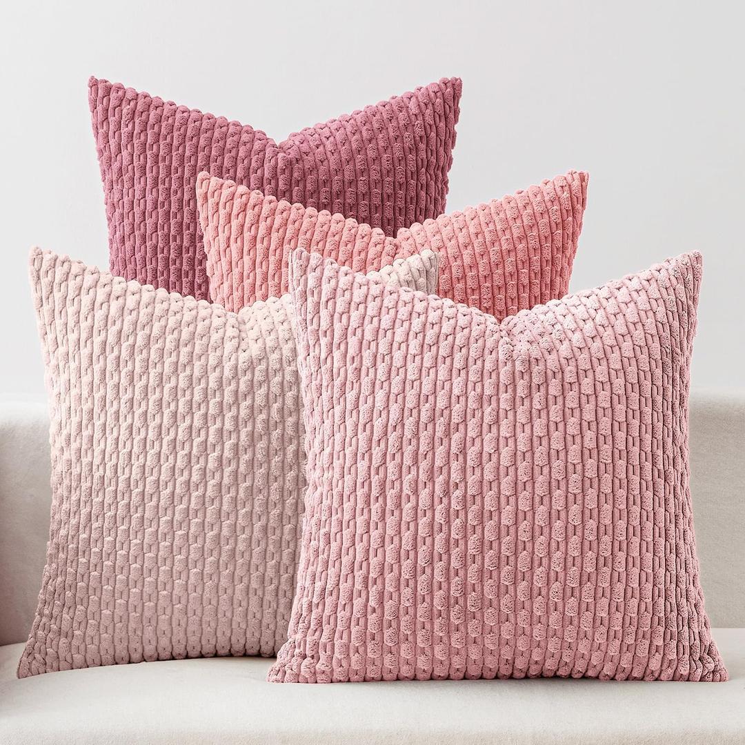 MIULEE Aesthetic Pink Decorative Throw Pillow Covers for Couch Living Room 18x18 Inch Set of 4 Cute Soft Cushion Covers Corduroy Pillowcases Spring Coquette Room Decor for Bed Sofa Room, Blush Rose