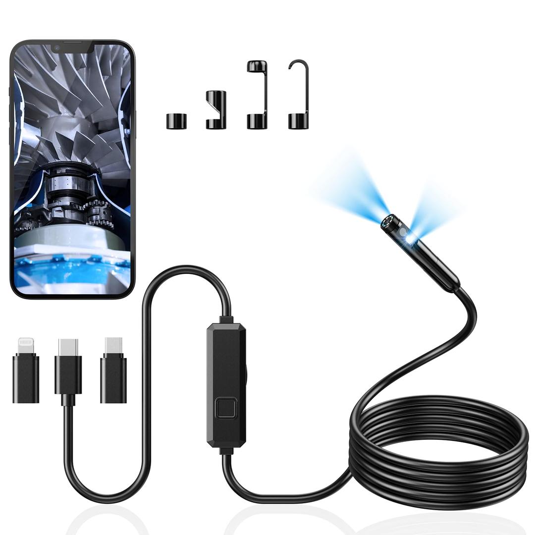 Endoscope Camera with Light, Dual-Lens 1920P HD Borescope with 8 Adjustable LED Lights, IP67 Waterproof Boroscope Inspection Tools, 9.8ft Semi-Rigid Snake Camera for iOS & Android