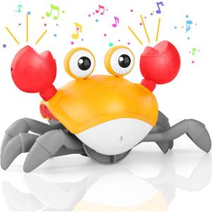 Crawling Crab Baby Toy, Upgraded Tummy Time Gifts for Newborn Babies 3-6 6-12 Month, Light-Up Walking Dancing Moving Crab with Music & Obstacle Avoidance, Rechargeable Sensory Development Toy (Orange)