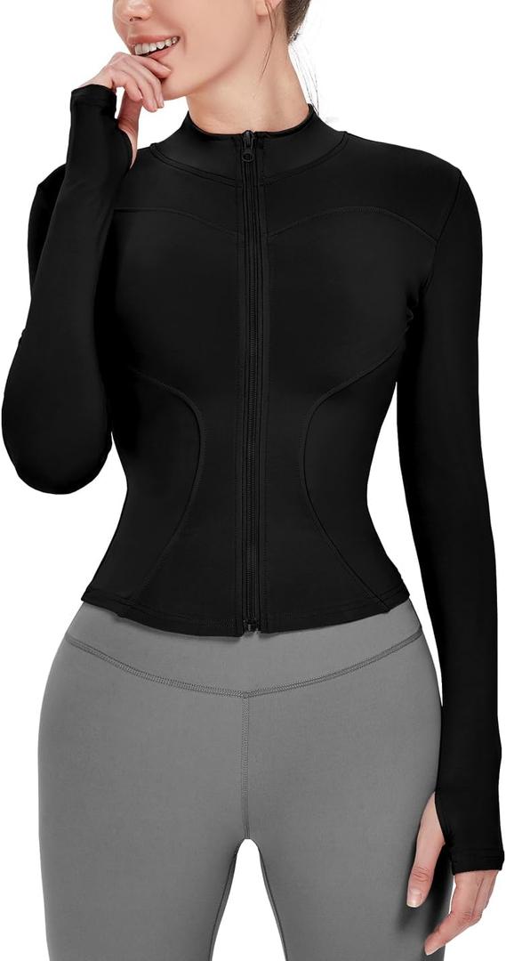 Locachy Women's Lightweight Stretchy Workout Full Zip Running Track Jacket with Thumb Holes (X-Large, Black)