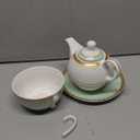 fanquare Tea for One with Gold Trim, Green Teapot Set for Adults, Ceramic Coffee Cup with Saucer, Classic Stripes