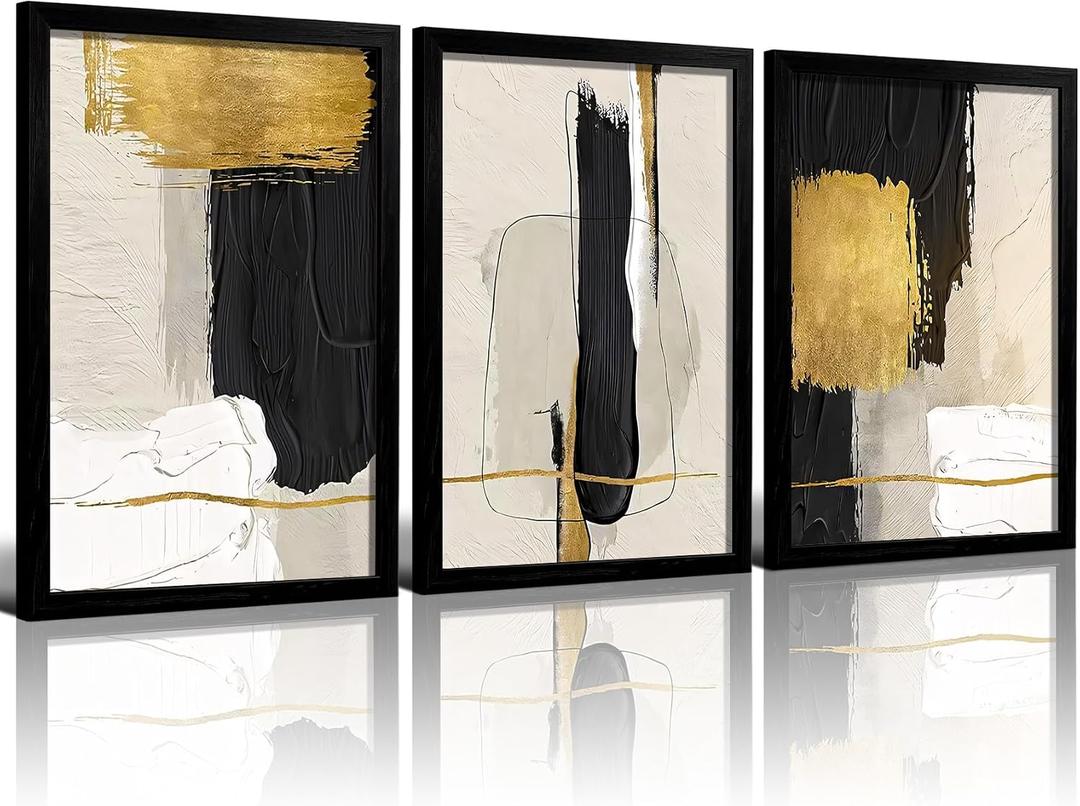RZIGERNO 3 Pcs Black Gold Beige Abstract Wall Art, Minimalist Textured Geometric Framed Painting, Luxury Black Wood Frame Wall Decor for Living Room Bedroom, 12x16 Inches Ready to Hang
