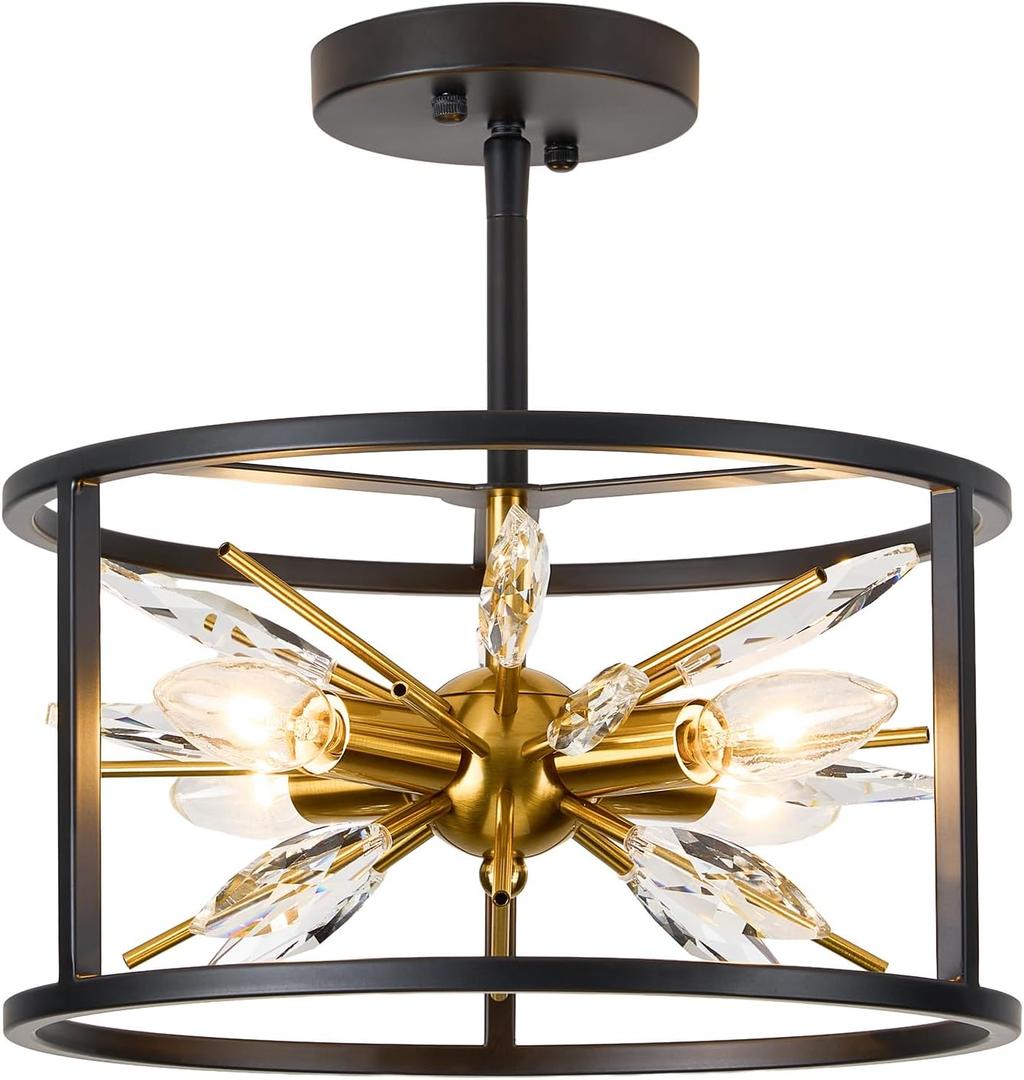 Semi-Flush Mount Ceiling Light - Crystal Ceiling Light Fixture 12-inch 4-Light Close to Ceiling Lights - E12 Hallway Ceiling Lighting - for Living Room Bedroom Kitchen Foyer C2062-4